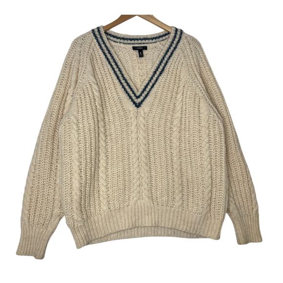 AQUA Cream Blue Vneck Varisty Wool Blend Sweater Preppy Gossip Girl College sz L - Picture 1 of 7
